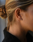 Close up of woman wearing a modern pair or 8.6.4 pearl earrings, featuring a trio of freshwater pearls.