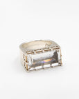 Close-up details of the East/West quartz statement ring in solid sterling silver on a white background.