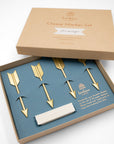 Beehive Handmade set of four gold arrow cheese markers in a blue-lined kraft gift box