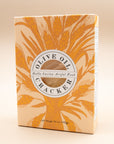 Front of the Bella Cucina Olive Oil Cracker box with an orange wheat illustration