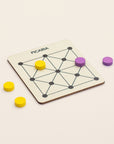 Square wooden Picaria board with yellow and purple tokens