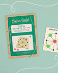 Cotton Twist Roman Tic Tac Toe packaging and board on a mint background