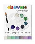 Mini paper watercolor palette in Shimmering Sea metallic greens, blues and purples with a small brush