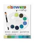 Mini paper watercolor palette in Into the Deep blues and greens with a small brush