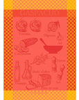 Gaspacho Rosso French jacquard kitchen towel in red and orange with tomato and garlic drawings