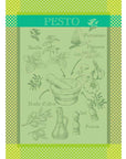 Pesto Verde French jacquard kitchen towel in green with basil, garlic and a mortar and pestle