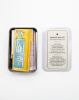 Mayron's Goods Pocket Aid Kit tin open beside its lid listing what's included
