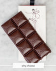 Miss Maude's Why Choose dark chocolate bar on its illustrated sleeve
