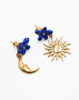 Nach Bijoux Once in a Blue Moon earrings, blue flower studs with a gold moon and sun drop