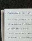 Career journal page of would-you-rather prompts, like work remote, hybrid or in-person
