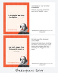 Example cards from the Shakespeare quiz deck showing fill-in-the-blank Shakespeare quotes and explanatory answers on the back