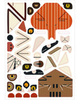 Sheet of Charley Harper sticker pieces for a fox and beaver in orange, brown and cream