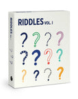 Riddles Vol. 1 card deck from Pomegranate's Card Decks for the Curious, in its box