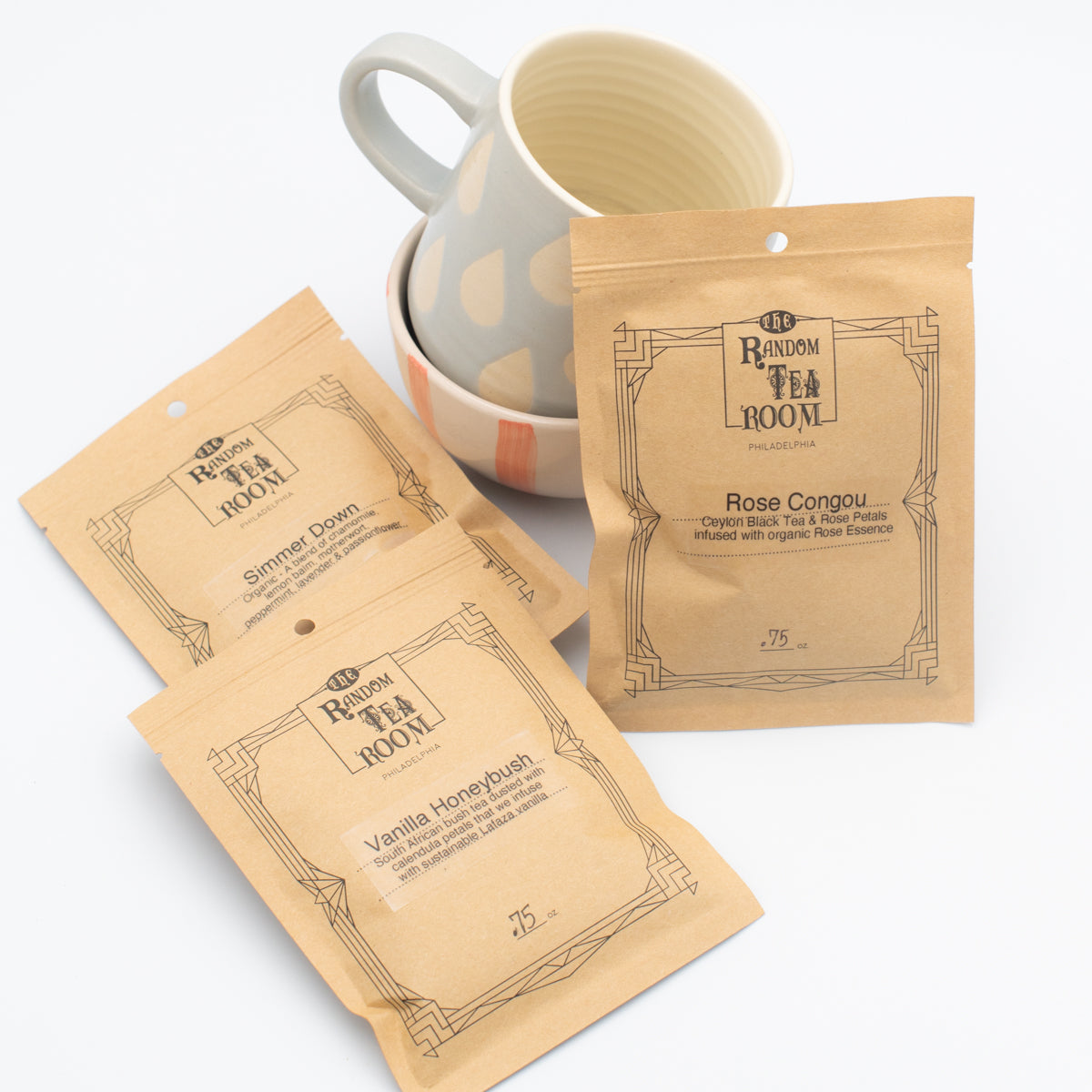 loose-leaf tea tasters: Rose Congou, Vanilla Honeybush, Simmer down