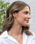 A woman in a white collared shirt wearing a delicate silver chain necklace with small heart-shaped charms, shown in a profile view against a light gray brick wall background.