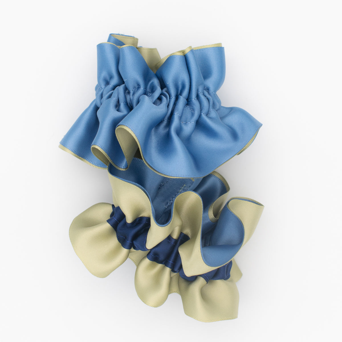 reversible ruffle ribbon scrunchie in seafoam green and baby blue