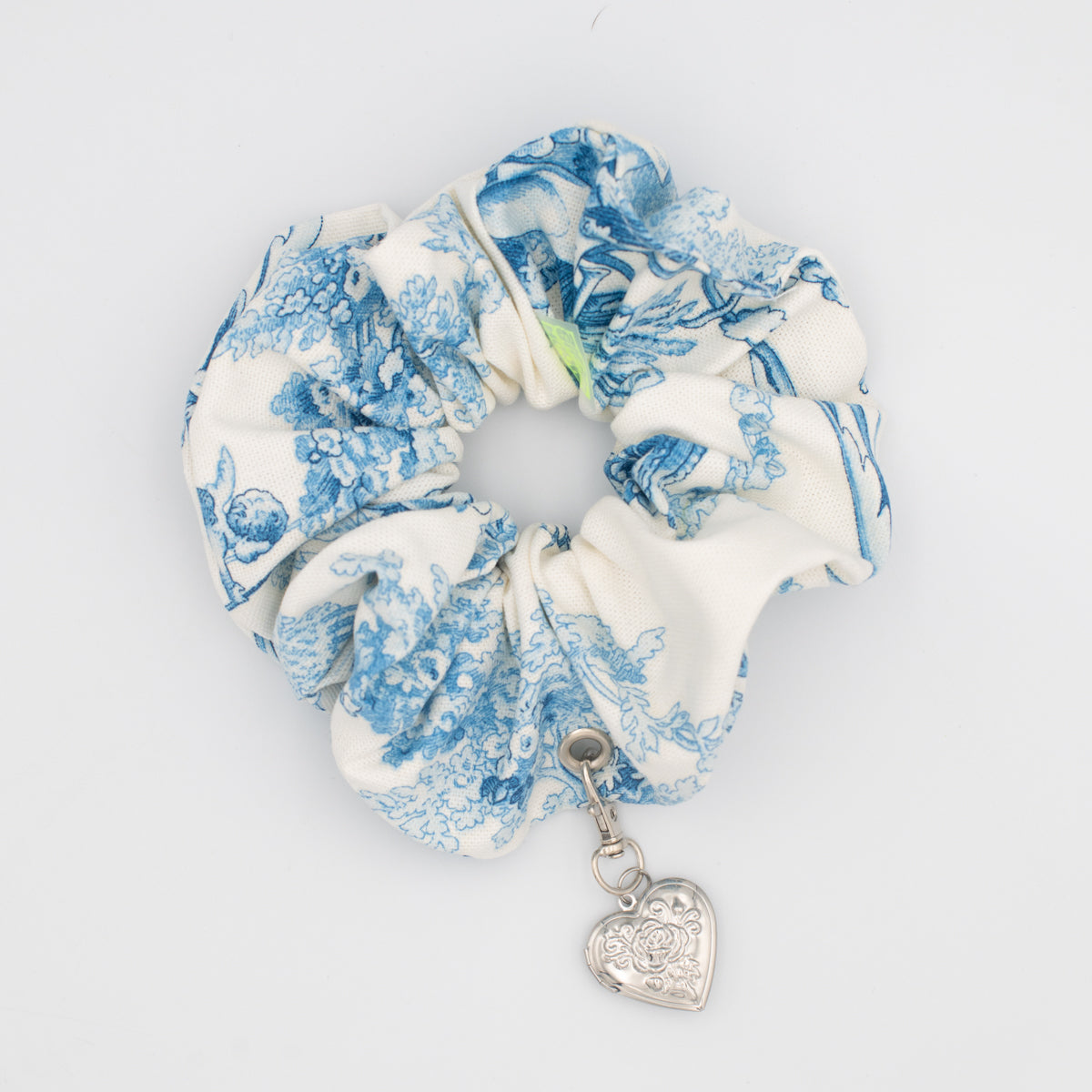 toile scrunchie with silver locket charm