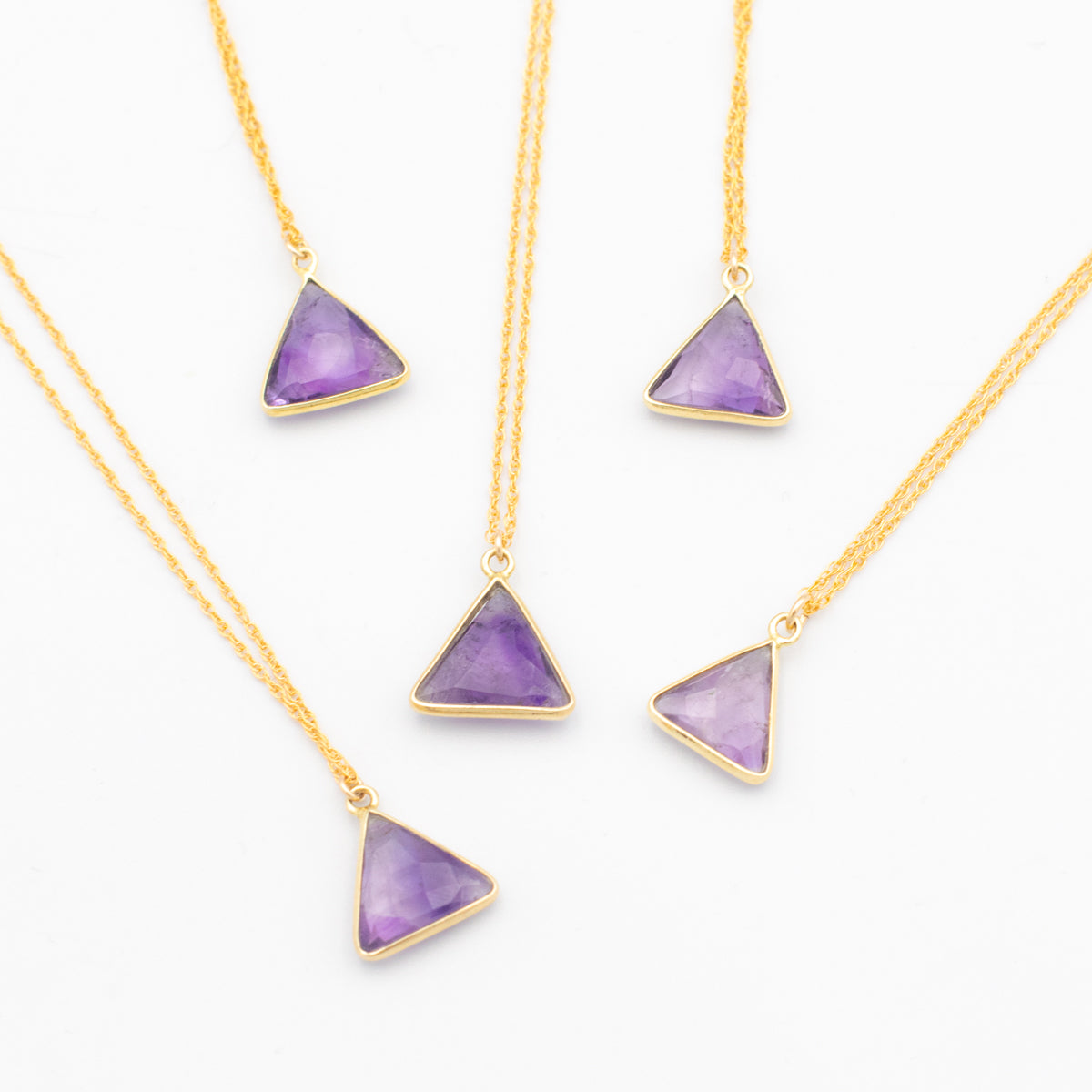 amethyst triangle gemstone necklaces on a gold-filled chain