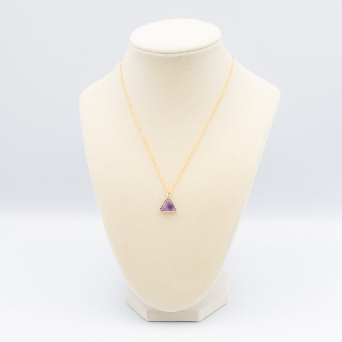 amethyst triangle gemstone necklace on a gold-filled chain