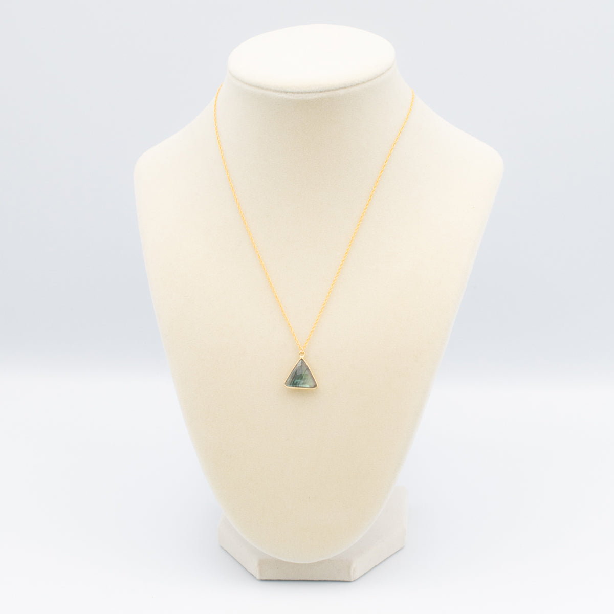 labradorite triangle gemstone necklace on a gold-filled chain