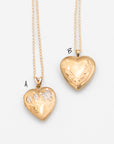 Two heart-shaped, engraved gold-filled locket pendants labeled A and B on chains.