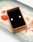 Shell-shaped earrings in a box on a decorative tray with seashell design