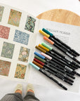Tombow dual brush pens in muted greens, blues and ochres fanned over an open William Morris pattern book.