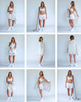 Grid of images showing a person in various poses with white clothing against a light background, holding a terry cloth stretchy bath towel.
