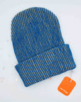 blue Verloop grid knit beanie with fine tan vertical stripes