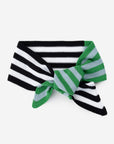 Mini ribbon scarf tied in a knot, in black and white and green striped knit