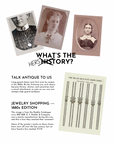 Historical jewelry advertisement with vintage portraits and jewelry illustrations of Victorian Chatelaine necklaces.