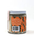 Side of the rosemary salt jar with usage tips and a barcode