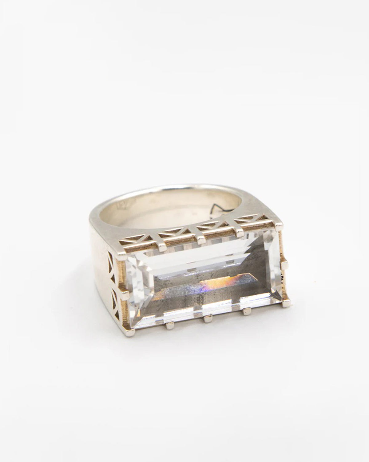 Close-up details of the East/West quartz statement ring in solid sterling silver on a white background.