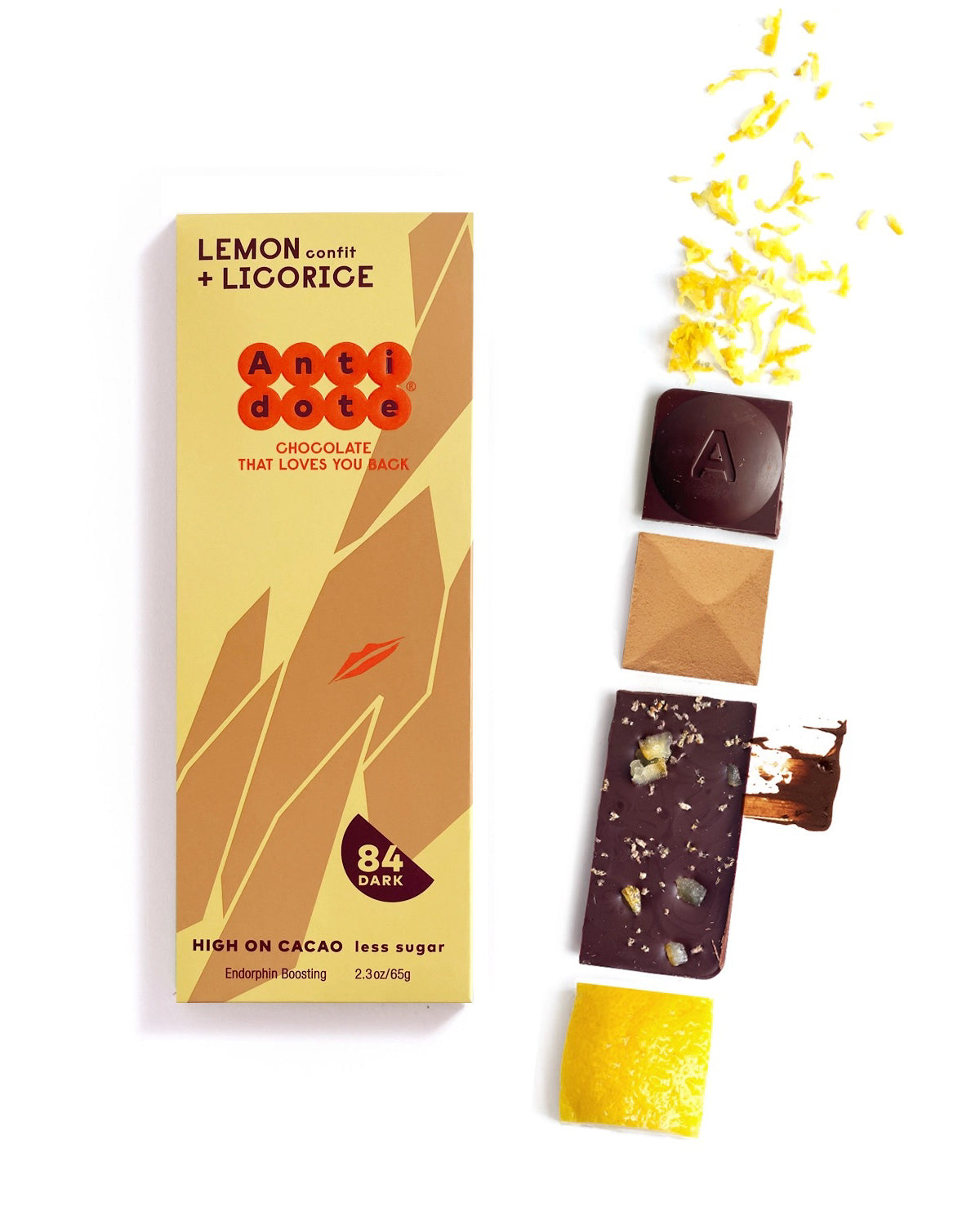 Antidote Lemon Confit and Licorice 84% dark chocolate bar in yellow wrapping