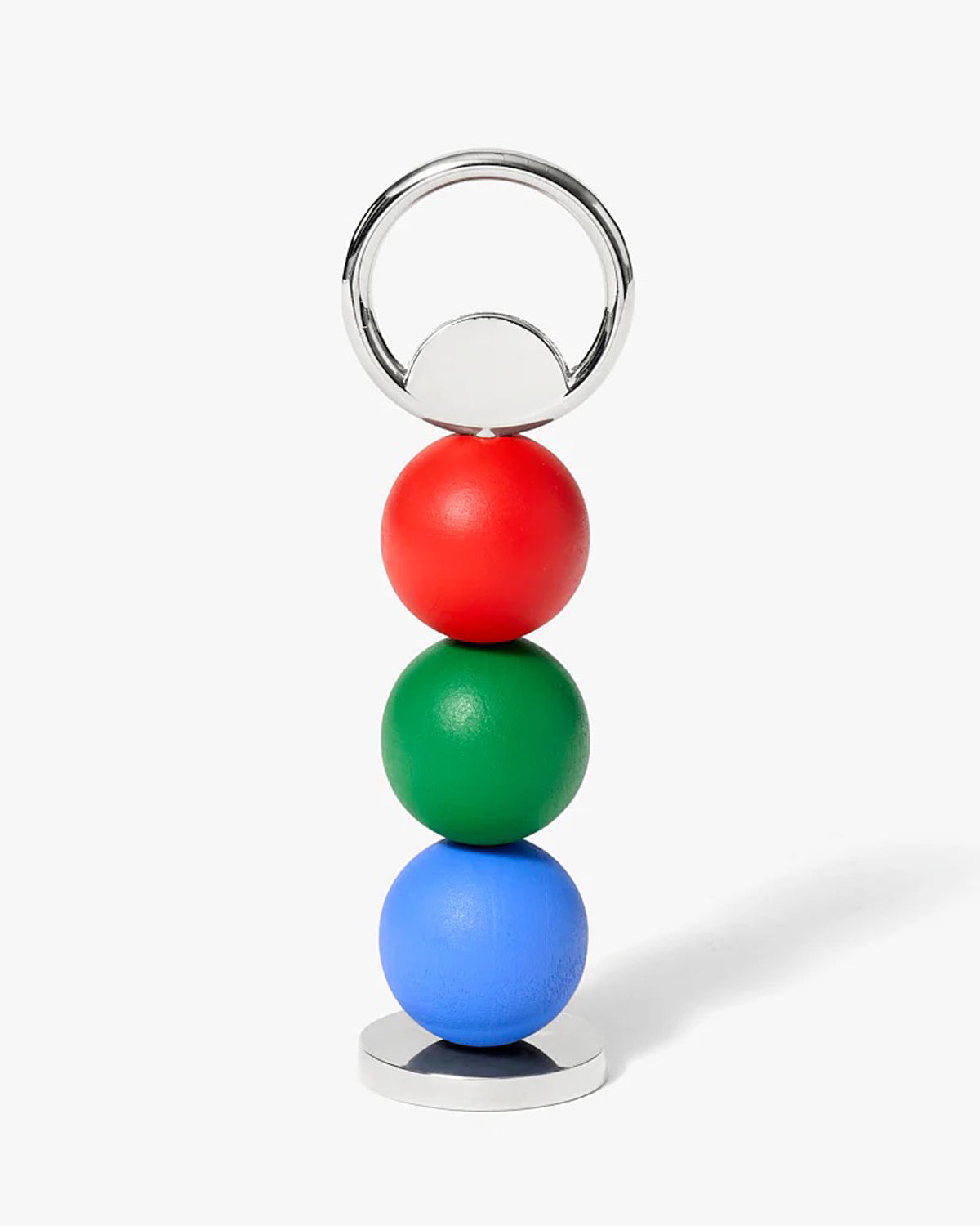 Areaware Abaco bottle opener in red, green, blue on a white background.