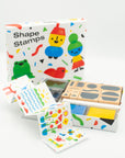 Shape stamps set with colorful packaging and stamps on a white background