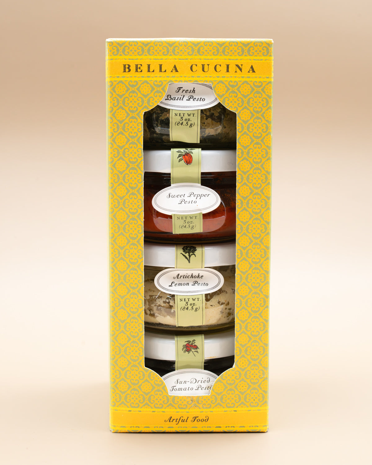 Bella Cucina Piccolo Pesto set with four small jars in a yellow window gift box