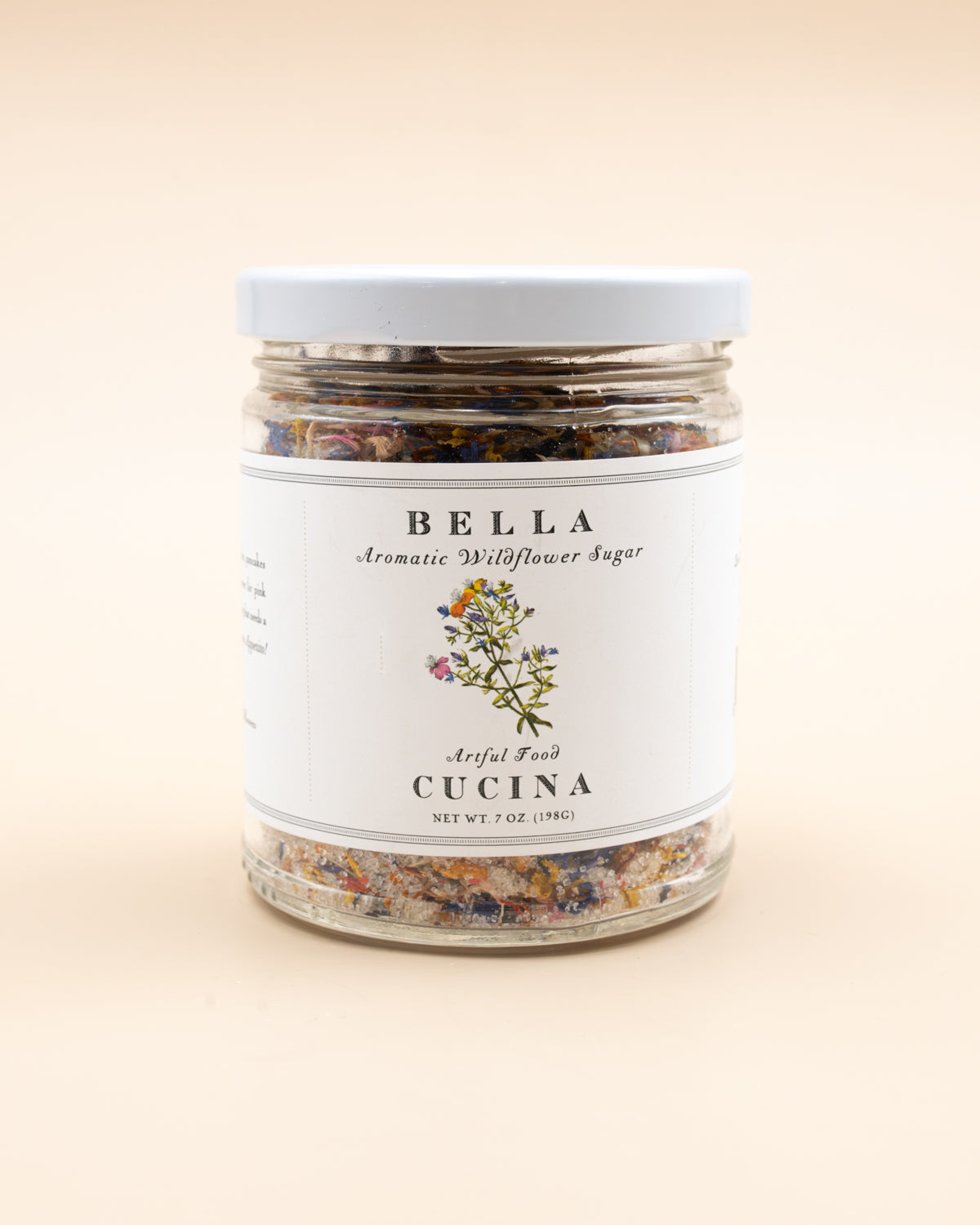 Jar of Bella Cucina Aromatic Wildflower Sugar with a botanical label