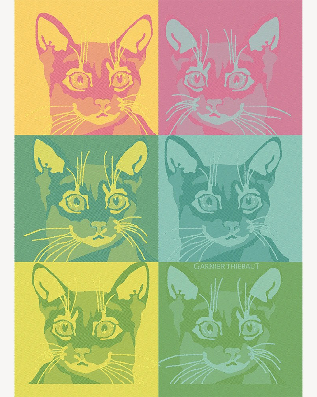 Chachacha cats jacquard kitchen towel laid flat, with six cat portraits in yellow, pink and green panels