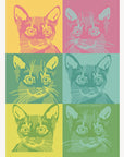Chachacha cats jacquard kitchen towel laid flat, with six cat portraits in yellow, pink and green panels