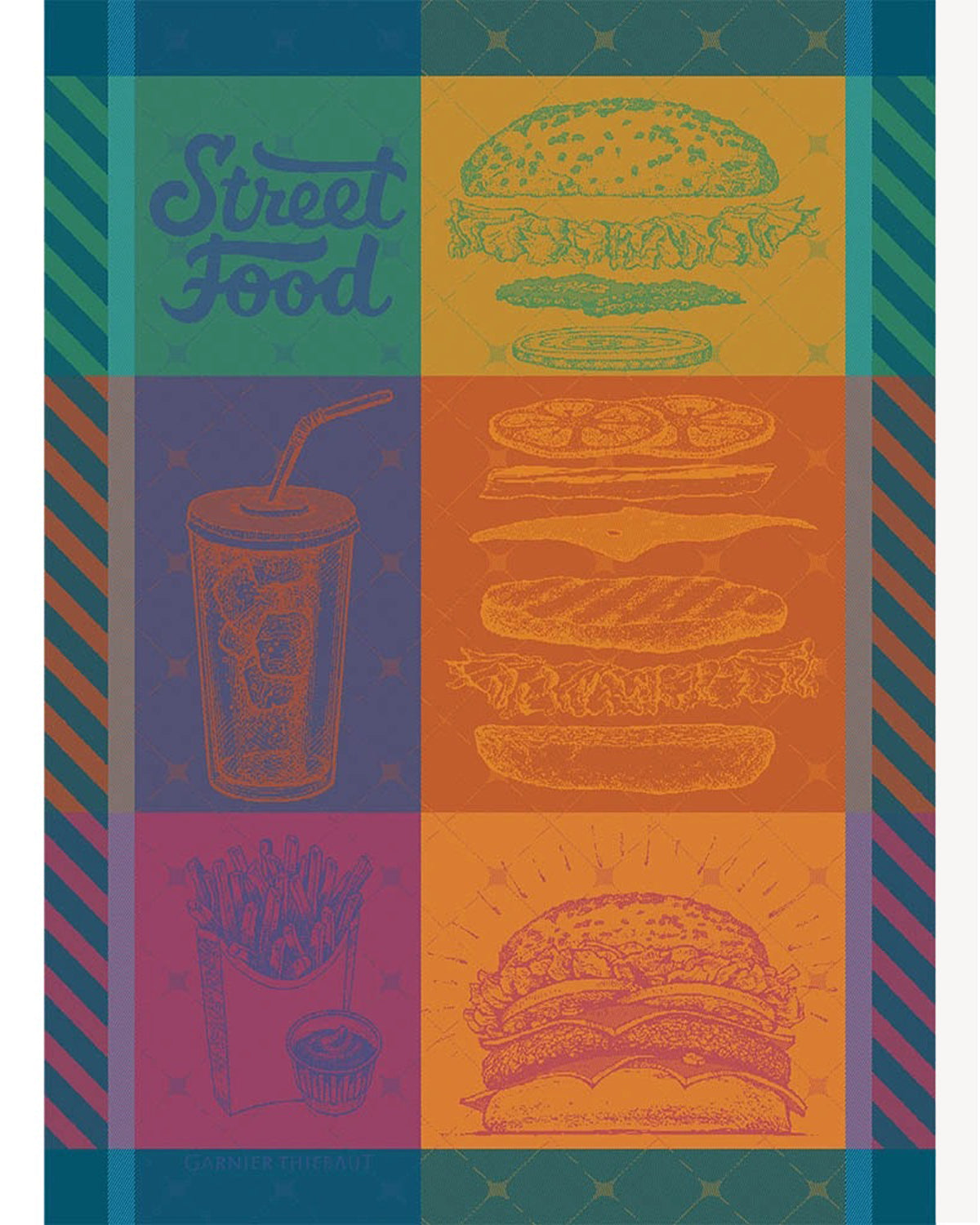Street Food French jacquard kitchen towel laid flat, with burger, soda cup and fries panels and striped borders