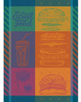 Street Food French jacquard kitchen towel laid flat, with burger, soda cup and fries panels and striped borders