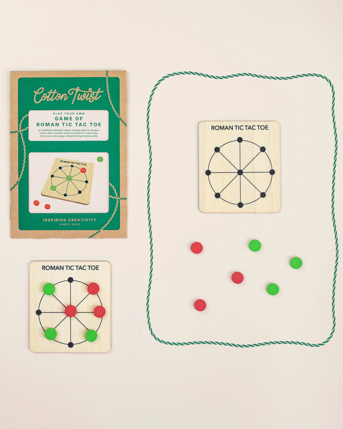 Cotton Twist Roman Tic Tac Toe kit: green envelope, wooden board and red and green tokens