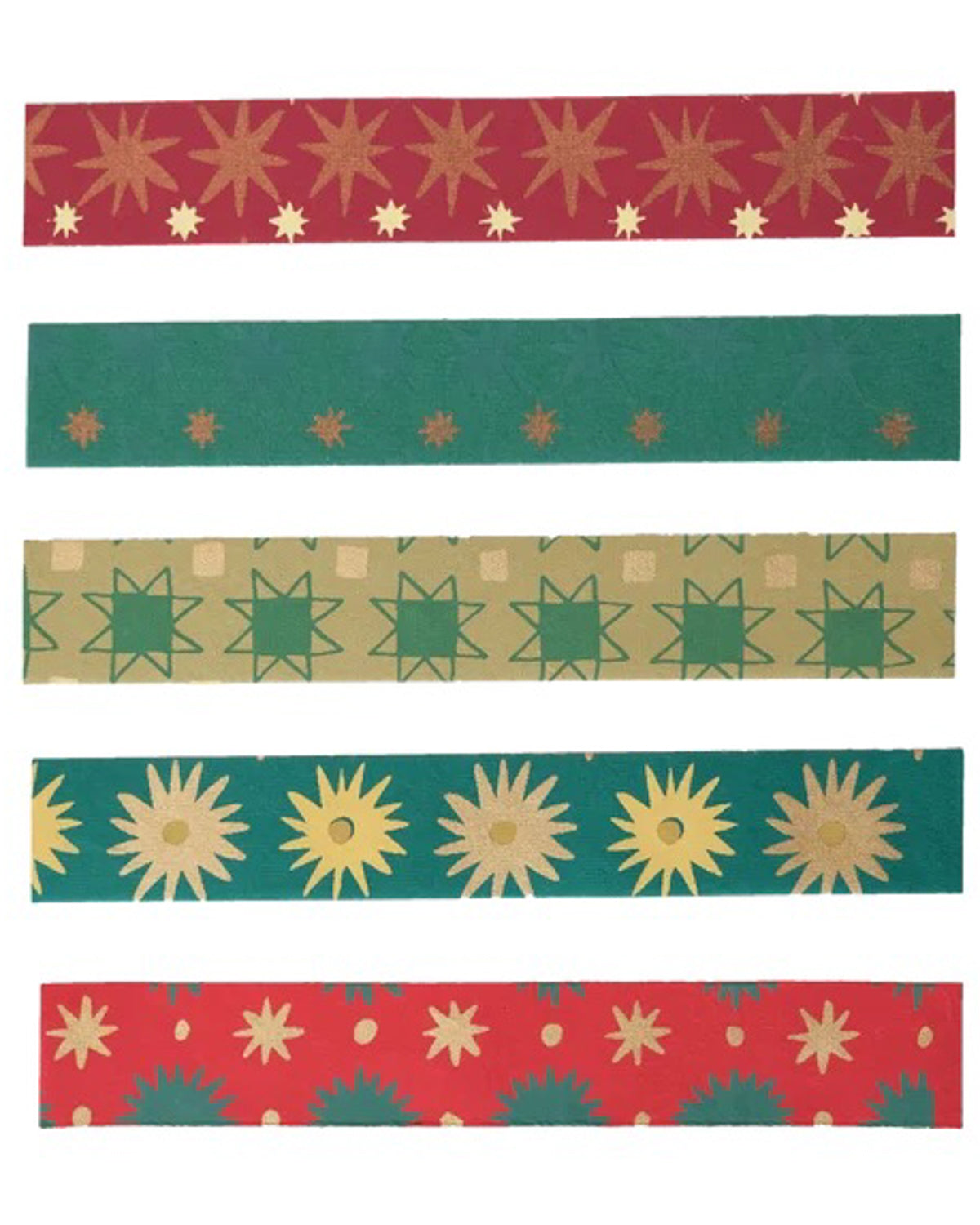 Five hand-printed paper chain strips in red, green and gold with star and sunburst motifs