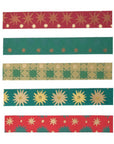 Five hand-printed paper chain strips in red, green and gold with star and sunburst motifs