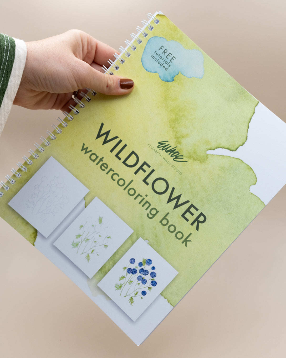 Hand holding the spiral-bound Wildflower watercoloring book by Elizabeth Wade