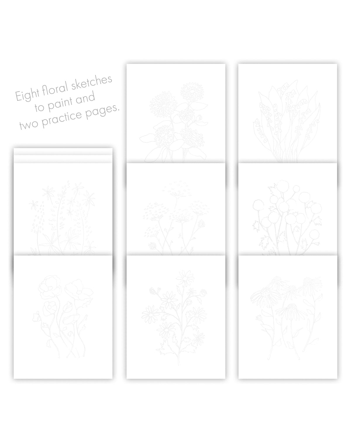 Eight outlined floral sketches and two practice pages from the wildflower watercoloring book