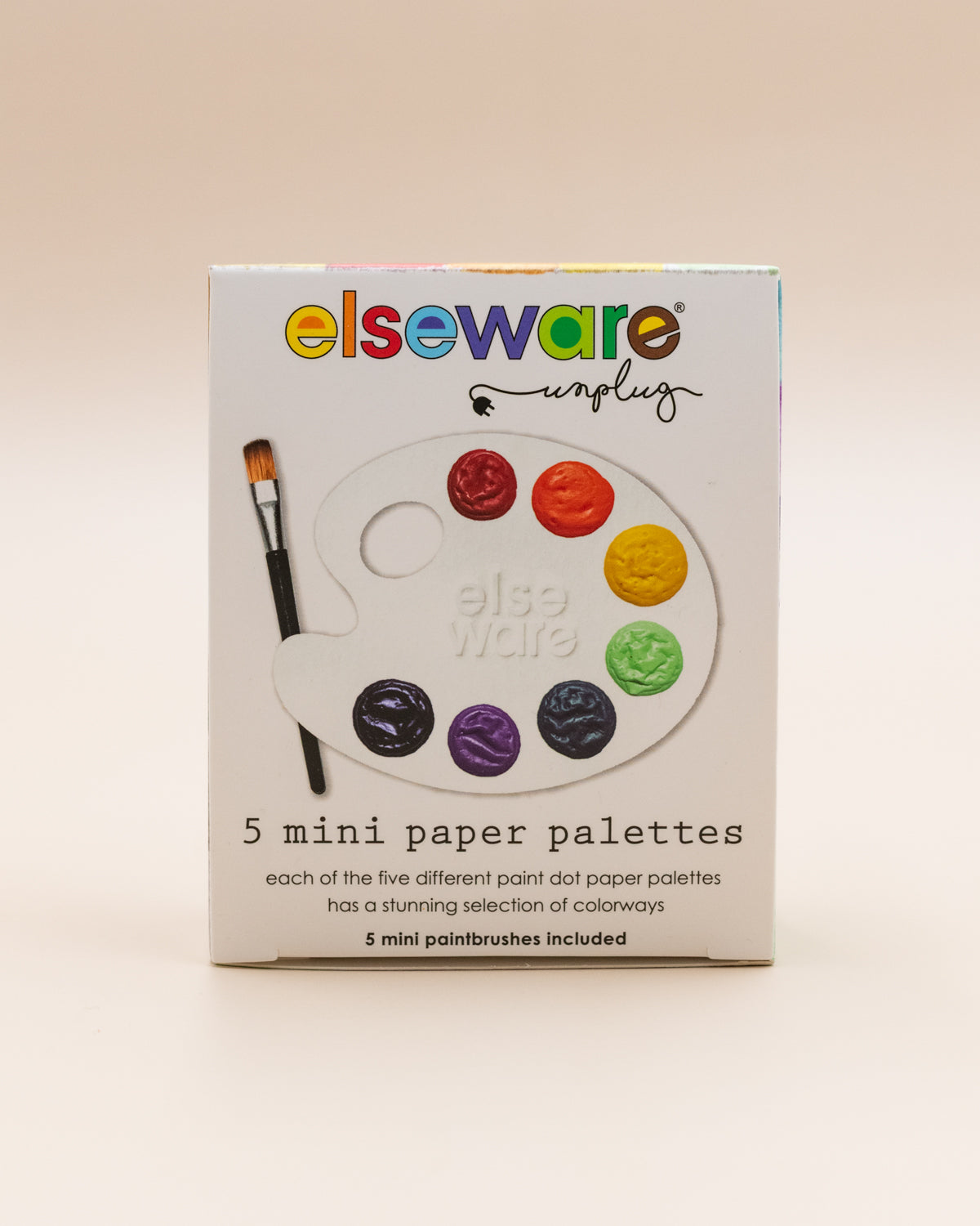 Elseware box of 5 mini paper palettes with dried paint dots in rainbow colors, plus 5 mini paintbrushes.