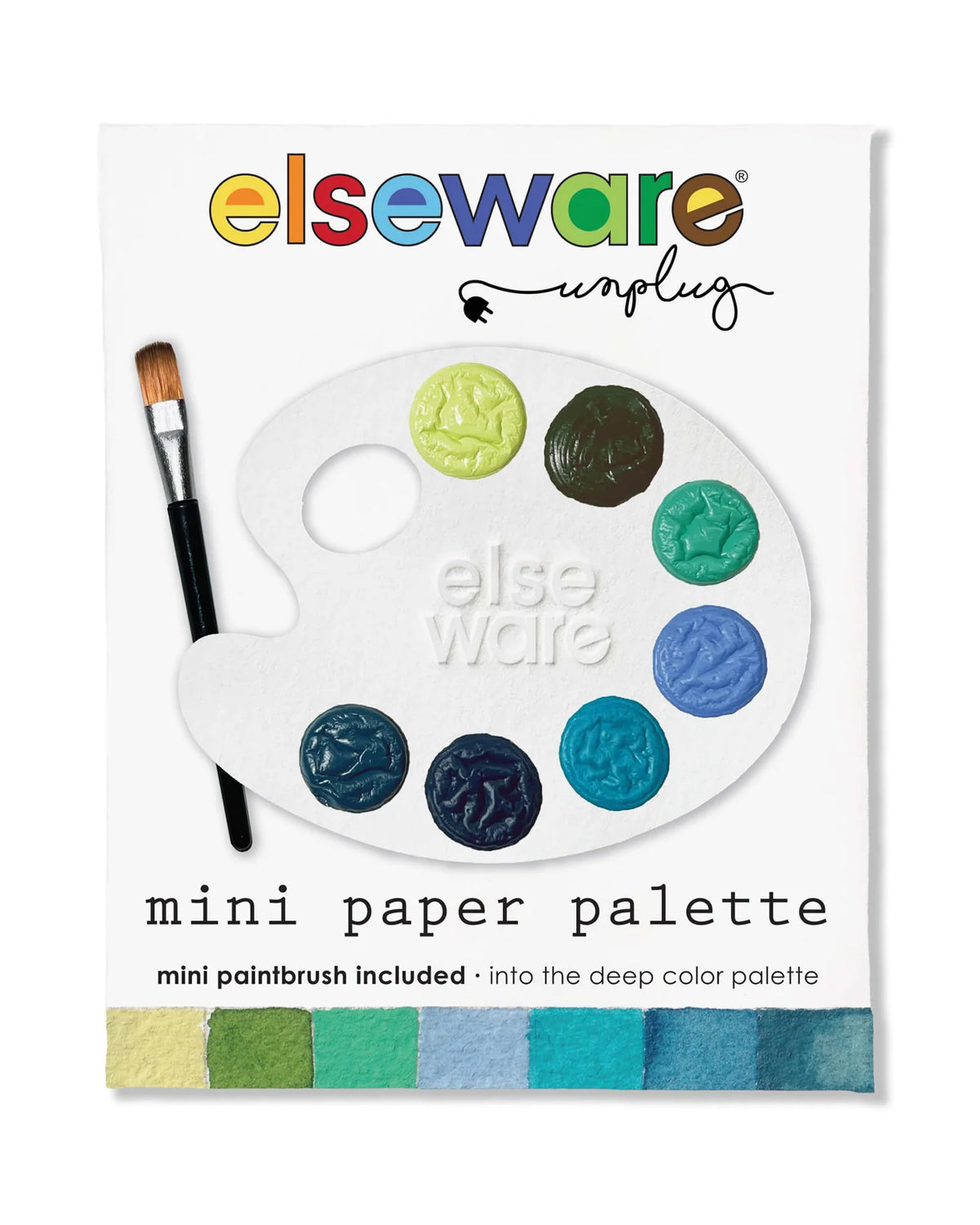 Mini paper watercolor palette in Into the Deep blues and greens with a small brush