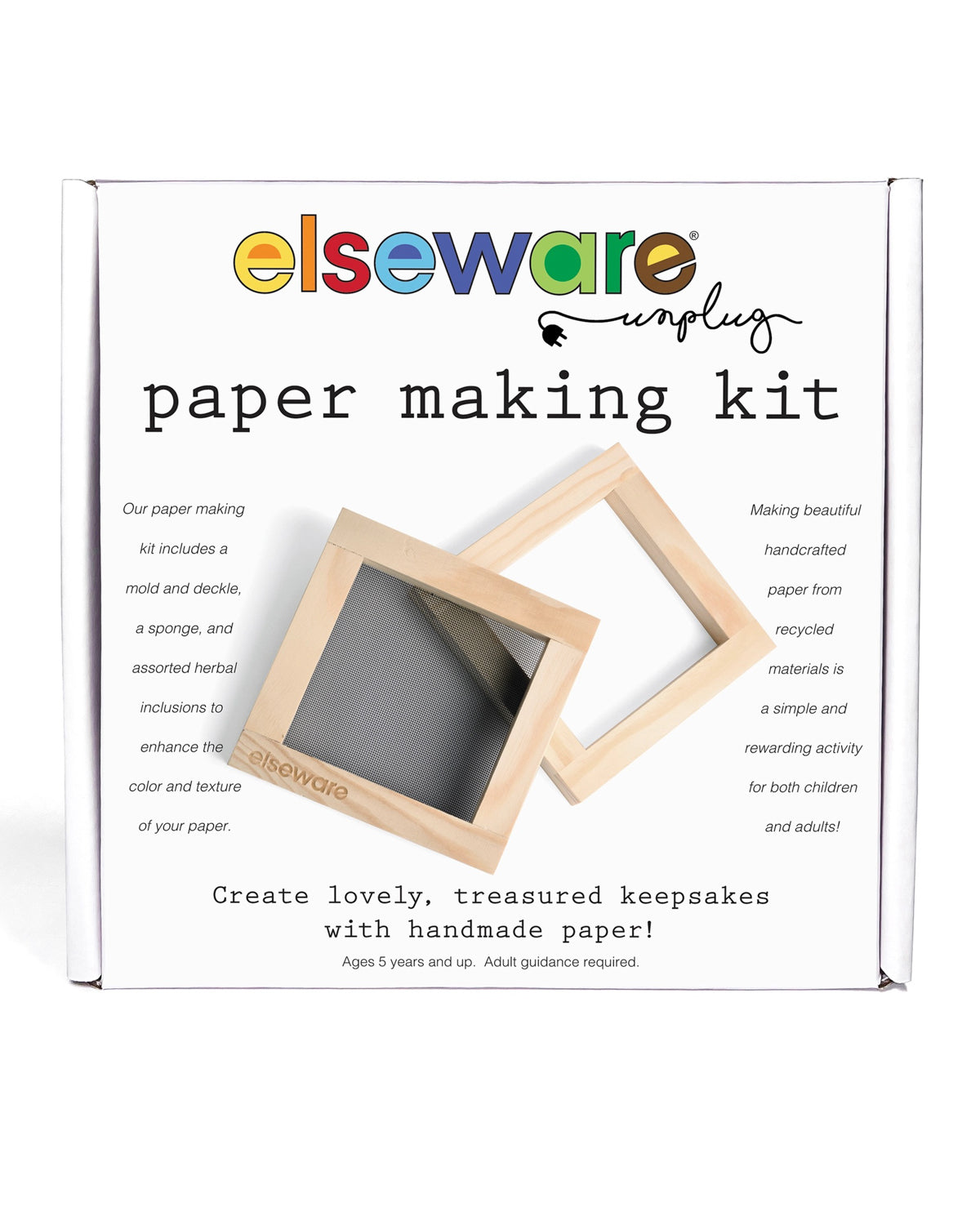 Elseware Unplug paper making kit box with a pine wood mold and deckle on the front
